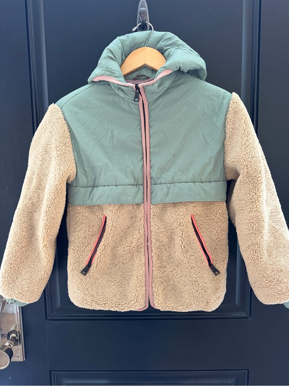 Zara Kids Two-Tone Sherpa Jacket in Sage and Cream, Size 10